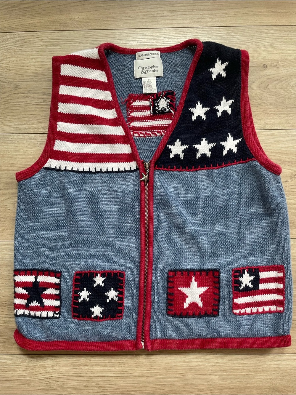 Vintage Christopher & Banks Americana Star Stripe Zip Vest - Red, White & Blue